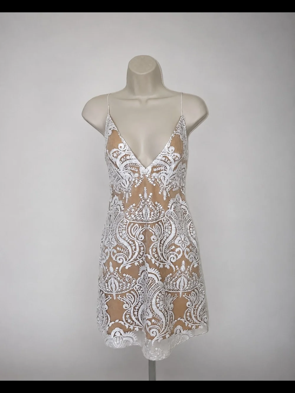 Free People Womens Nude White Lace Overlay V-Neck Boho Mini Dress Size 0 - Picture 4 of 9